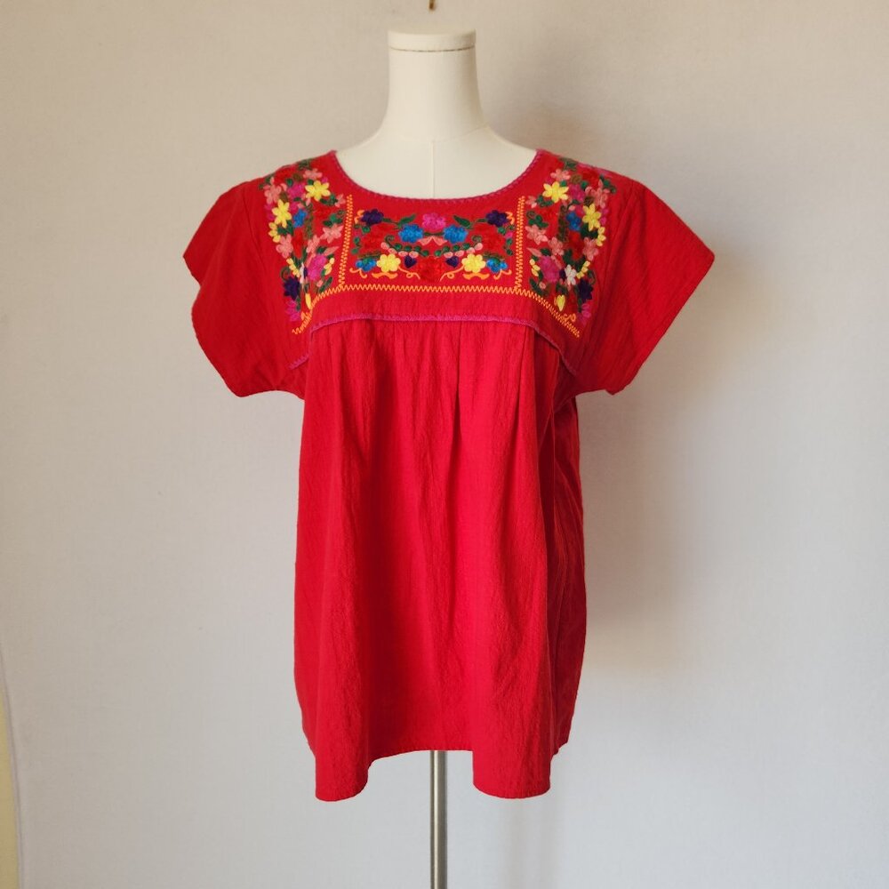 YZXDORWJ Handmade Embroidered Pueblo Peasant Boho Blouse Short Sleeve Red